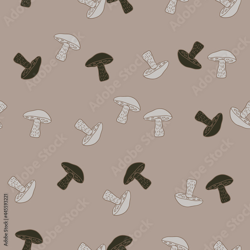 Random seamless pattern with grey and brown Leccinum scabrum mushroom ornament. Beige pastel background.