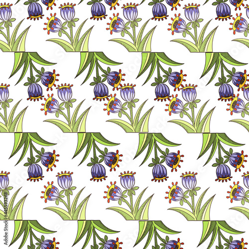Summer style seamless pattern with blue bell decorative print. Isolated botanic artwork. Floral backdrop.