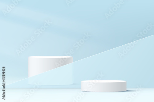 Abstract 3D 2 white cylinder pedestal podium with transparent blue glass geometric shape backdrop. Vector rendering platform with pastel blue minimal wall scene for product display presentation.