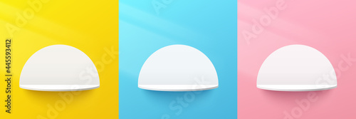 Set of abstract 3d white semi circle shelf or podium on yellow, blue, pink pastel color wall scene with circle backdrop. Vector rendering geometric shape for cosmetic product display presentation.
