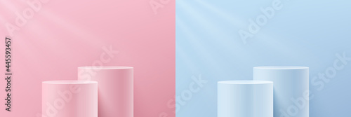 Set of abstract 3d transparent glass cylinder pedestal podium on pink and blue pastel wall scene and lighting. Collection of vector rendering geometric platform for product display presentation.