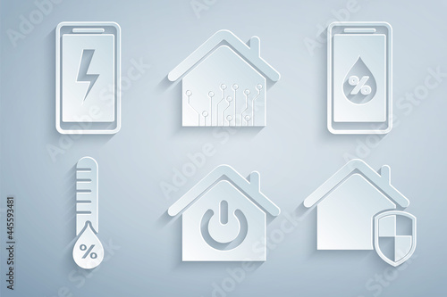 Set Smart home, Humidity for smart, House under protection, and Mobile charging battery icon. Vector