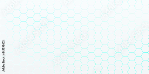 White hexagon pattern on blue, green neon color abstract background in technology style. Modern futuristic geometric shape banner design. You can use for cover template, poster. Vector illustration