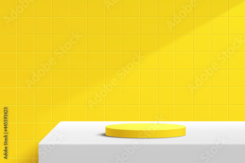 Abstract 3D white cylinder pedestal podium on the white table with yellow square tile texture wall scene. Vector rendering minimal geometric platform design in shadow for product display presentation.