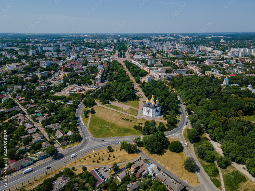 Fototapeta premium Aerial drone view of Chernihiv city center