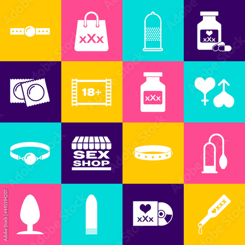 Set Spanking paddle, Penis pump, Male and female heart, Condom safe sex, Play Video with 18 plus, Condoms package, Silicone ball gag and Bottle pills for potency icon. Vector