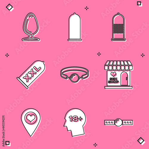 Set Anal plug, Condom safe sex, Silicone ball gag, Sex shop building, Location with heart and Head 18 plus icon. Vector