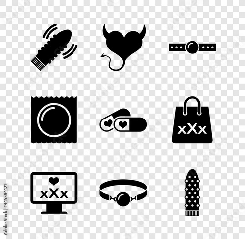 Set Dildo vibrator for sex games, Devil heart with horns, Silicone ball gag, Monitor 18 plus content, Condom in package and Pills potency icon. Vector