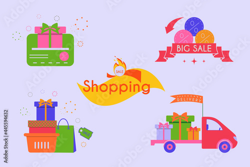 Collection of posters with the announcement of discounts. Sale, delivery. Vector illustration. Flat design..