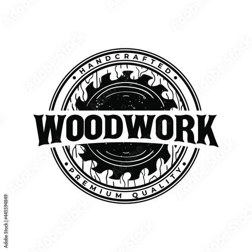 Vintage Woodworking Carpentry Circular Saw Blade With Texture Wooden Logo Vector Illustration Template Icon Design