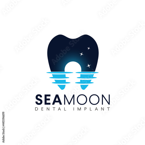 seamoon dental implant logo with sceen sea and reflection of moon make tooth implant vector