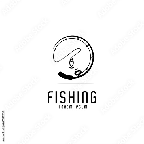 fishing rod circle logo design,fishing logo,black and white logo,icon, emblems,vector template