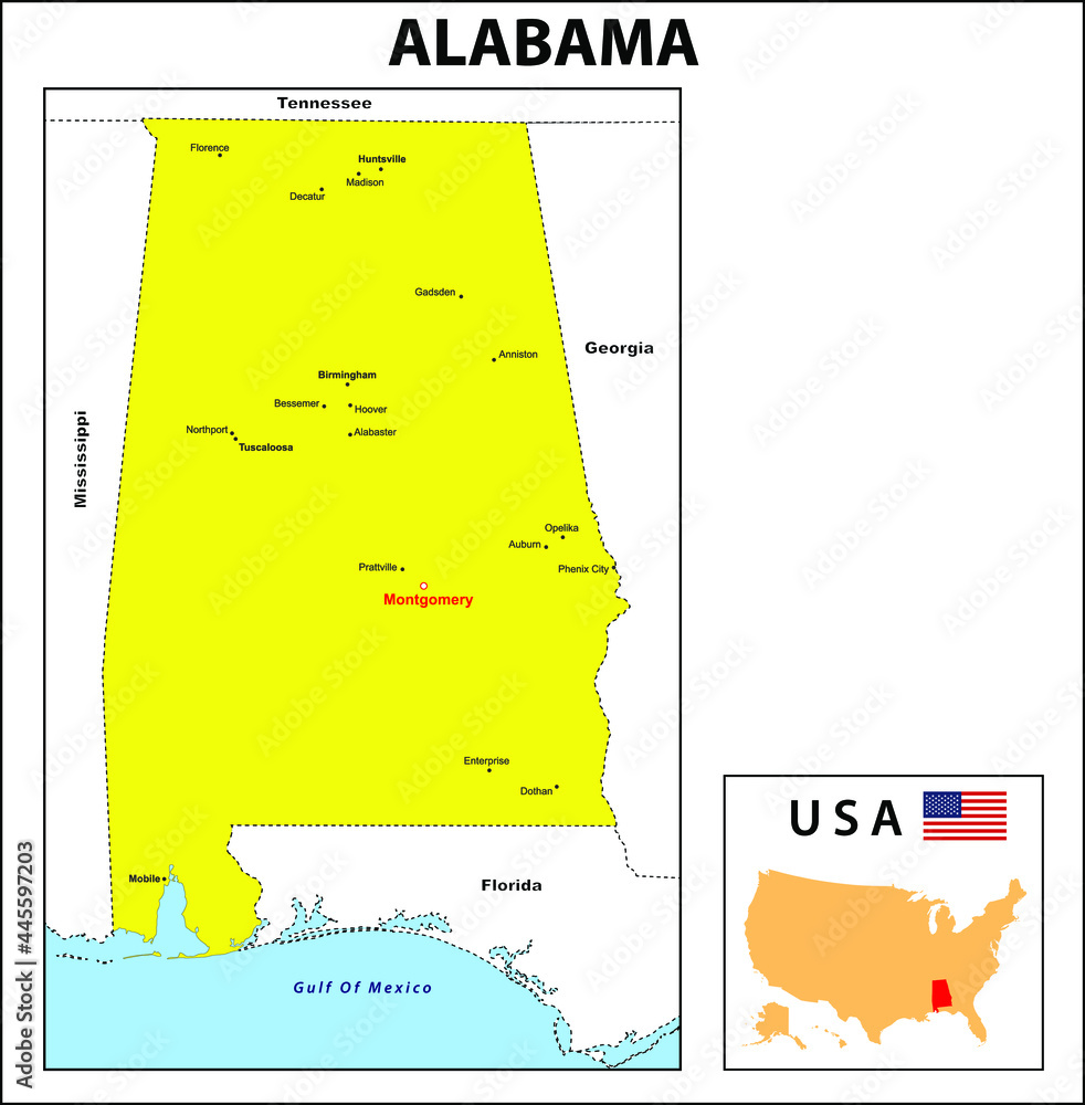 Alabama Map. State and district map of Alabama. Administrative and political map of Alabama with