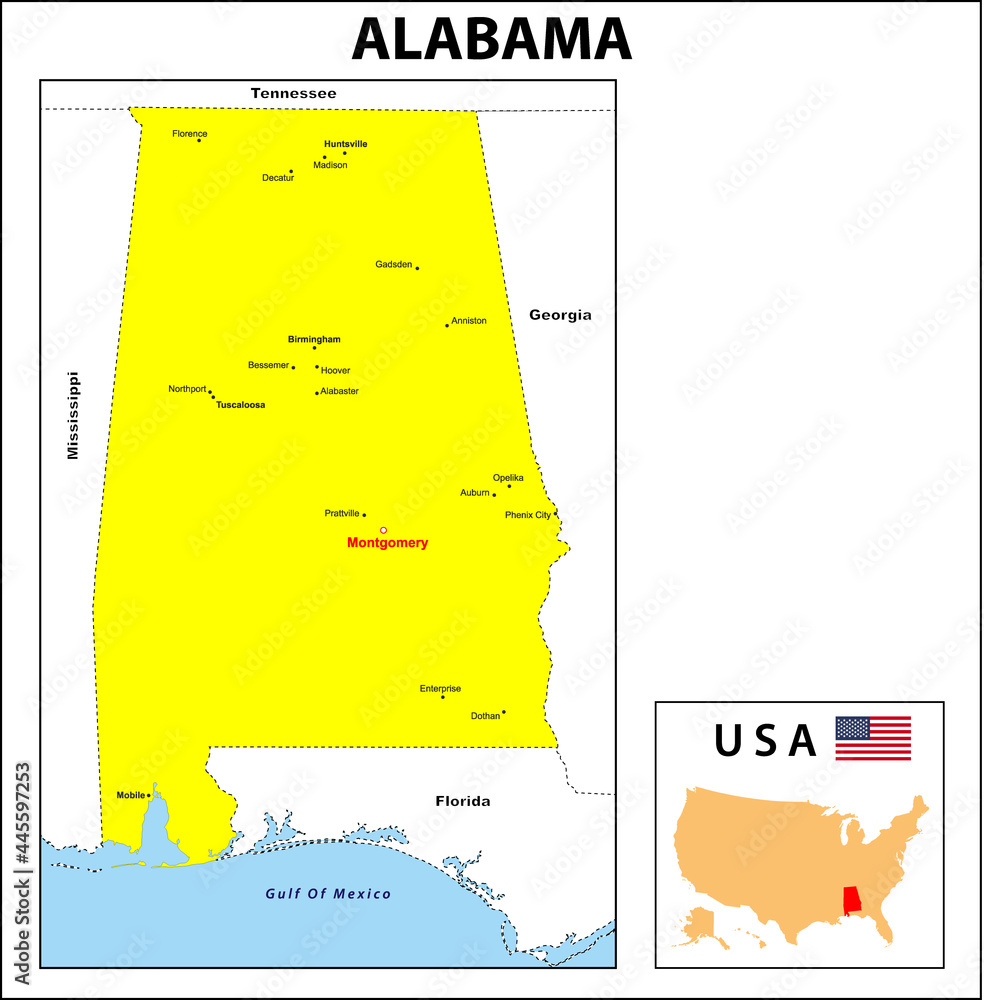 Alabama Map. State and district map of Alabama. Administrative and