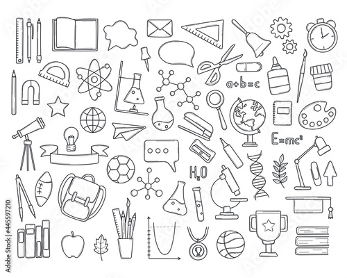 School tools, stationery, icons, pictograms in doodle style. Pen, globe, backpack, ruler, book, brush, pencil and other items in hand drawn sketch.Isolated on white background vector line illustration