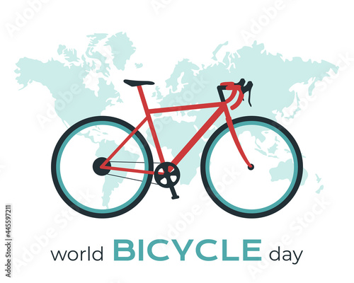 World bicycle day. Gravel city road bike on world map background. Template for banner, flyer, postcard, poster. T-shirt print. Isolated on white vector illustration