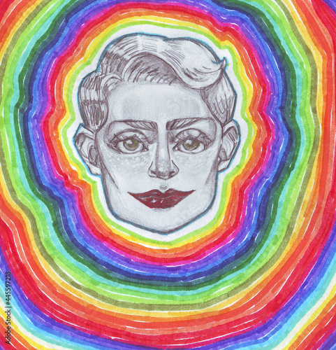 Bright multi-colored sketch with a girl with colored stripes and red lips on a rainbow background with traditional art markers.