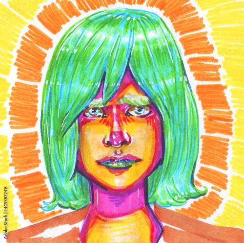 A bright multi-colored sketch of a person with colored green hair and lipstick on a radiant yellow background with traditional art markers.