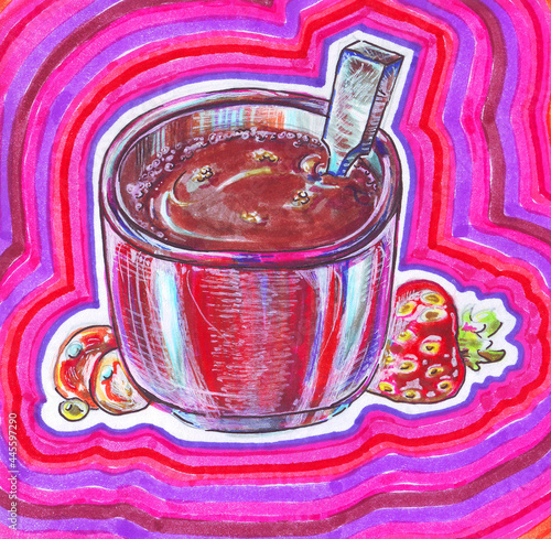 Multicolored sketch with a bright pink red cup with coffee with a spoon with strawberries sweets on a bright pink background traditional art markers.