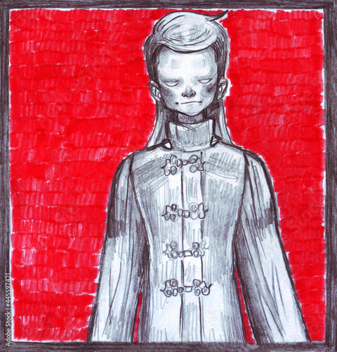 A cartoon gloomy scary clown drawn with a simple pencil, in a hoodie on a bright red background.