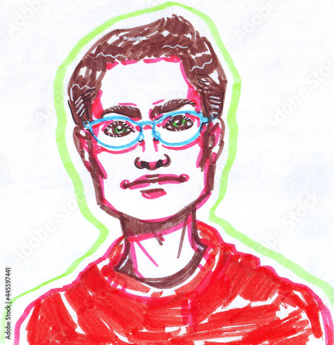 Cartoon drawn with markers portrait of a man wearing glasses with brown short hair and a red T-shirt on a white background.