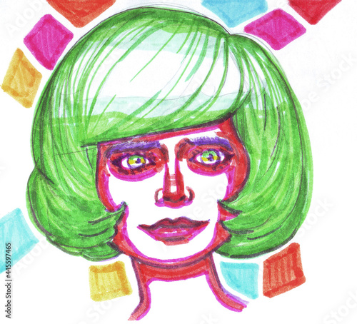 A drawn with markers traditional art sketch with a portrait of the head of a woman with green hair on a background of multi-colored squares