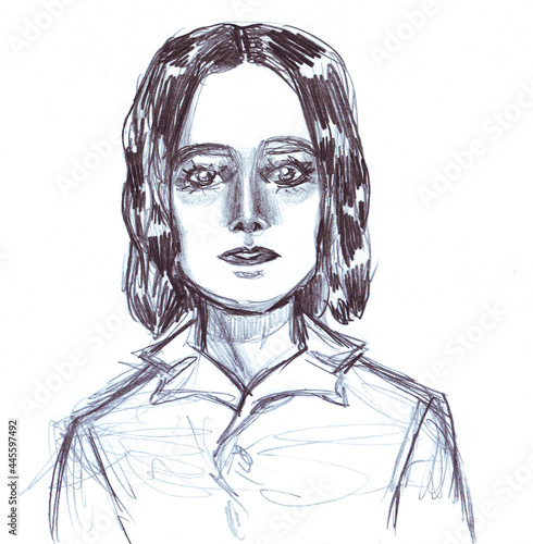 A black and white pencil drawn portrait of a cute girl with black hair in a white shirt on a white background.