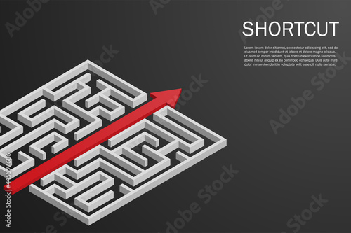 red arrow route break out of maze. Shortcut to success. vector illustration isometric design. Labyrinth puzzle game and problem solving. copy space for text. business and finance concept.
