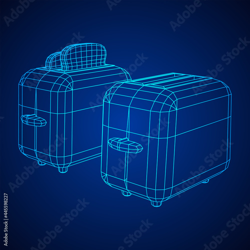 Toaster with two fried pieces of loaf prepared for a breakfast. Wireframe low poly mesh vector illustration.
