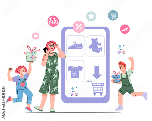 Happy Family buying things online, flat cartoon vector illustration isolated on white background. Online shopping and ecommerce, consumerism. Online shop and internet shopping.