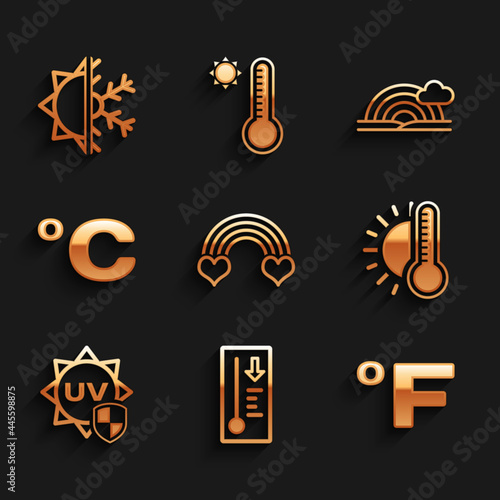 Set Rainbow with heart, Meteorology thermometer, Fahrenheit, Thermometer sun, UV protection, Celsius, cloud and Sun and snowflake icon. Vector