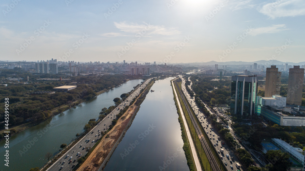 View of Marginal Pinheiros with the Pinheiros river and modern buildings in Sao Paulo, Brazil