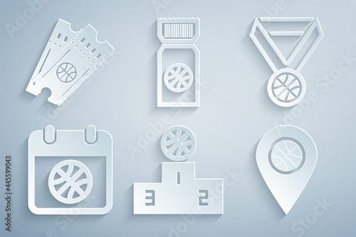 Set Sports winner podium, Basketball medal, on sport calendar, Location with basketball, game ticket and icon. Vector