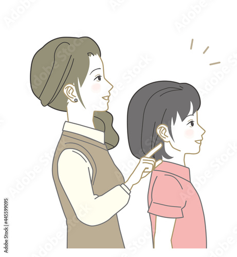 Japanese mother and daughter, pointing out