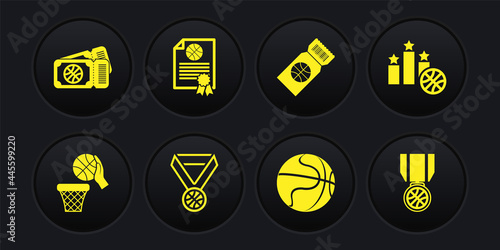 Set Basketball ball and basket, Sports winner podium, medal, game ticket, Certificate basketball award, and icon. Vector