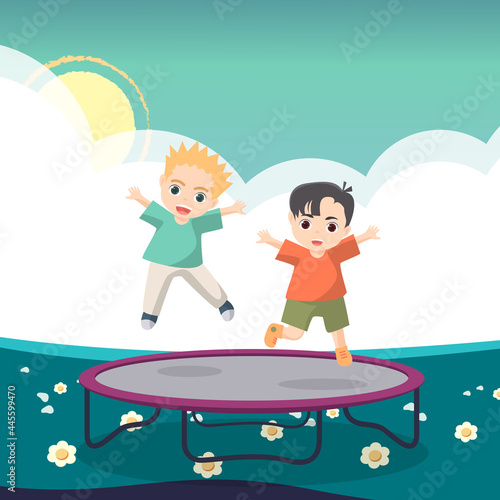 Happy Boys Jumping Together On Trampoline.