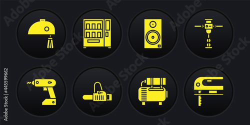 Set Electric cordless screwdriver, Construction jackhammer, Chainsaw, Air compressor, Stereo speaker and Vending machine icon. Vector