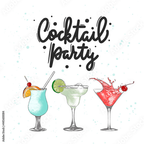 Vector engraved style alcoholic cocktails illustration set for posters, decoration, menu. Hand drawn drink or beverage sketch with lettering, Cocktail party. Detailed colorful drawing.