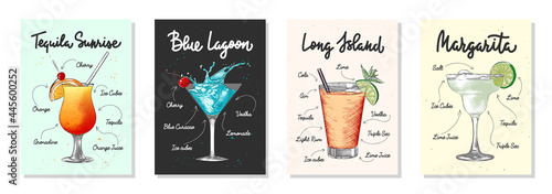 Set of 4 advertising recipe lists with alcoholic drinks, cocktails and beverages lettering posters, wall decoration, prints, menu design. Hand drawn typography with sketches. Handwritten calligraphy.