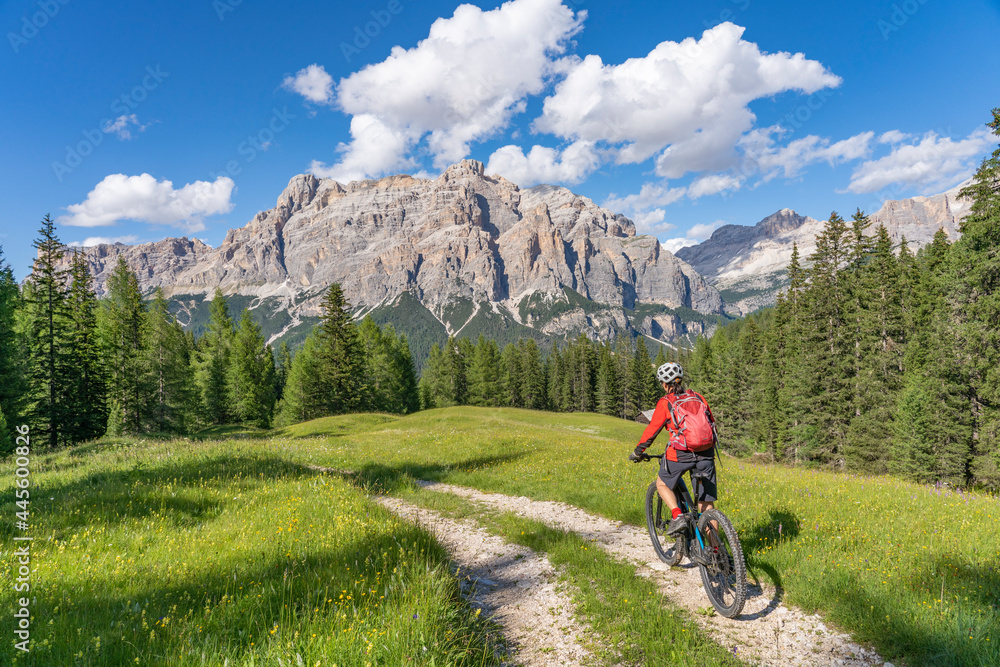 Fototapeta premium nice and active senior woman riding her electric mountain bike on the Pralongia Plateau in the Alta Badia Dolomites with awesome Sasso die Santa Cruce summit in Backg, South Tirol and Trentino, Italy