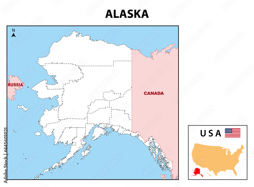 Alaska Map. State and district map of Alaska. Administrative and political map of Alaska with neighboring countries and border in outline.