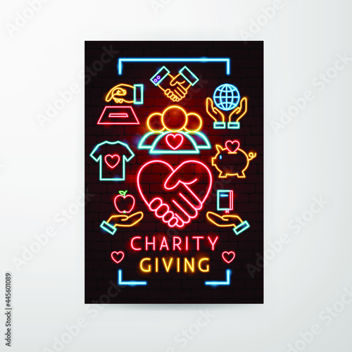 Charity Giving Neon Flyer. Vector Illustration of Donation Promotion.