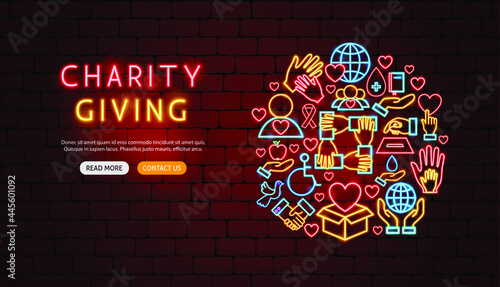 Charity Giving Neon Banner Design. Vector Illustration of Donation  Promotion.