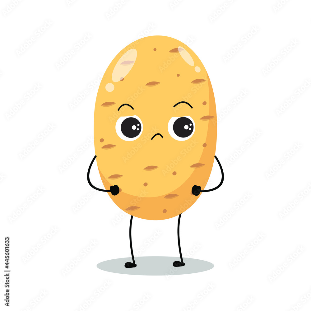Vector illustration of potato character with cute expression, sad, angry, funny, potato isolated on white background, simple minimal style, vegetable for mascot collection, emoticon, kawaii