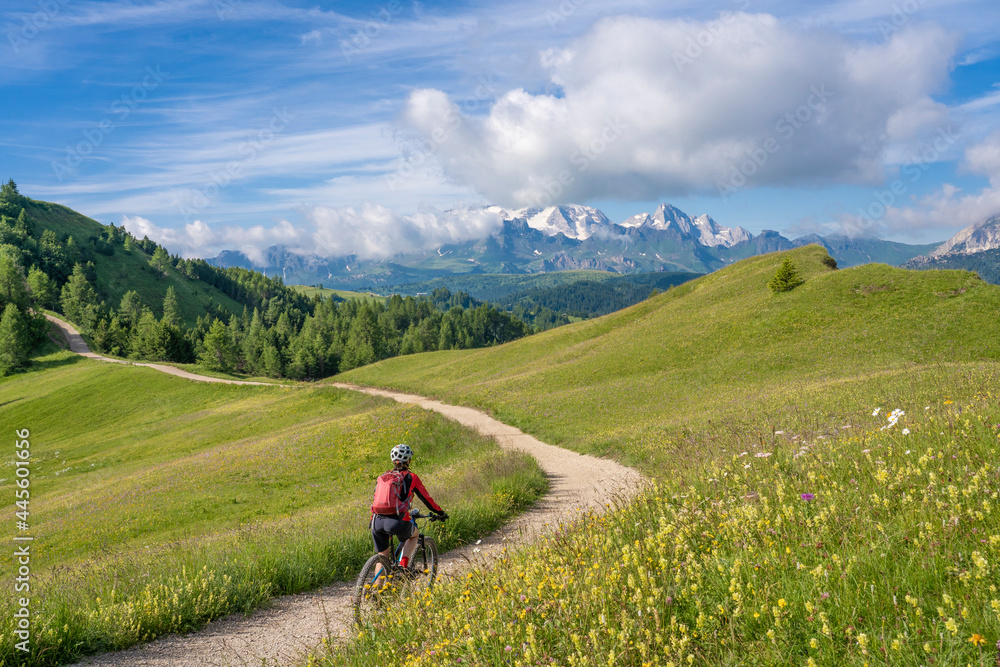 nice and active senior woman riding her electric mountain bike on the Pralongia Plateau in the Alta Badia Dolomites with glacier of Marmolata summit in Background, South Tirol and Trentino, Italy
