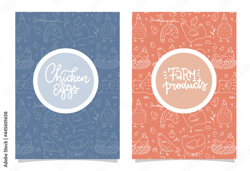 Set of agricultural brochure Covers . Linear Images of cocks, hens and chickens. Outline A4 composition. Background for, flyers, banners with lettering texts. Vector cute illustration