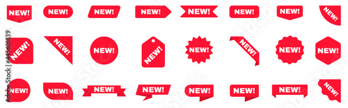 New sticker set. Sale ribbons collection. New labels on white background. Arrival tags template. Red shopping stickers. New product badge. Vector illustration