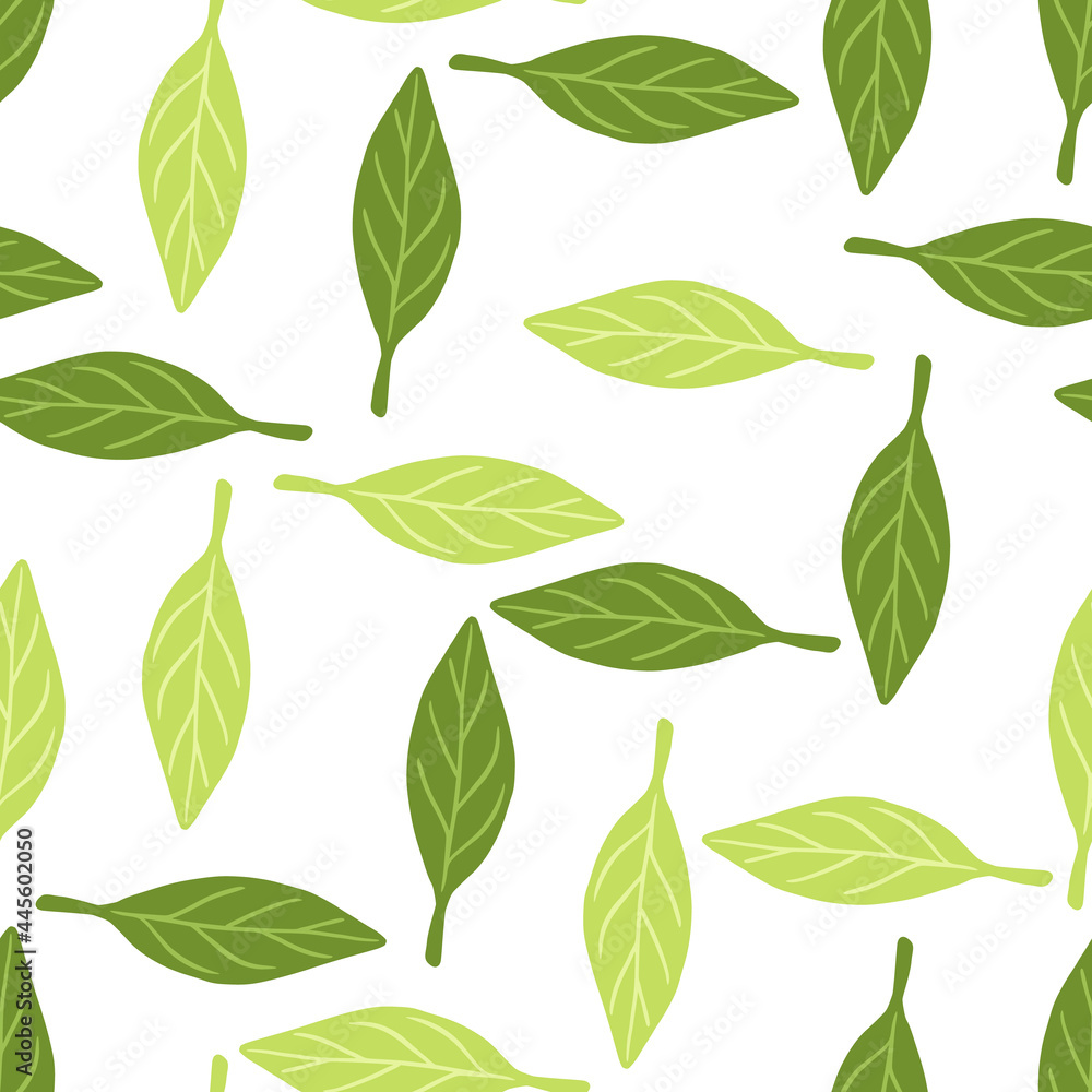 Foliage seamless pattern with green random leaf abstract ornament. Isolated greenery abstract style backdrop.