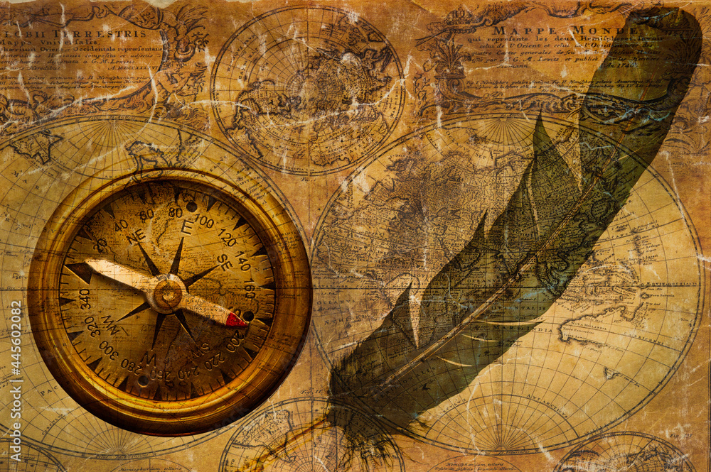 old map, quill and compass