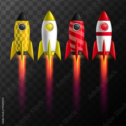 Vector illustration of realistic 3D rocket space ship launch isolated on transparent